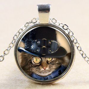 New glass cabochon Steam Punk cat  necklace